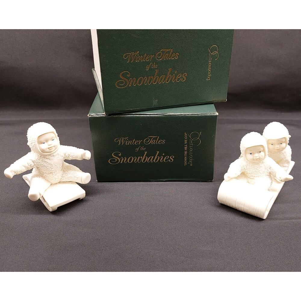 Snowbabies by Department 56 ~ Set Of 2 Figurines ~ Sledding 7960-0 & 7955-3